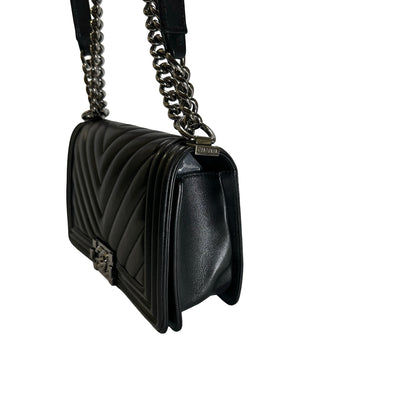 Used CHANEL Chevron Leather Boy Chanel Shoulder Bag Black Silver