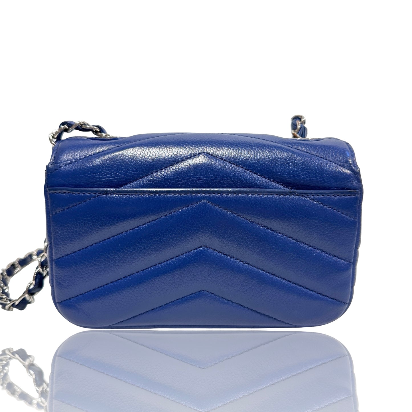 Used CHANEL Calfskin Leather FLAP Cross Body Bag Navy Blue PHW