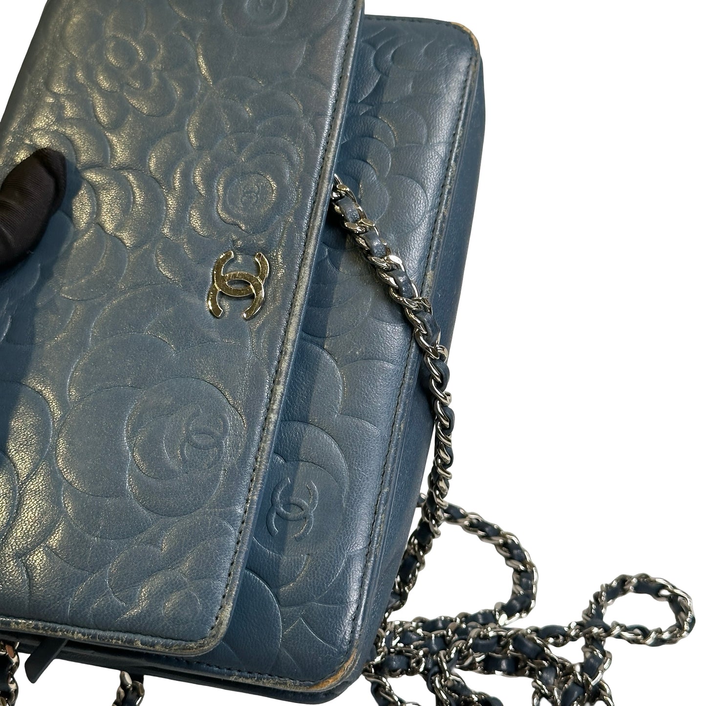 Used CHANEL Camellia Leather Wallet on chain Wallet on chain Navy