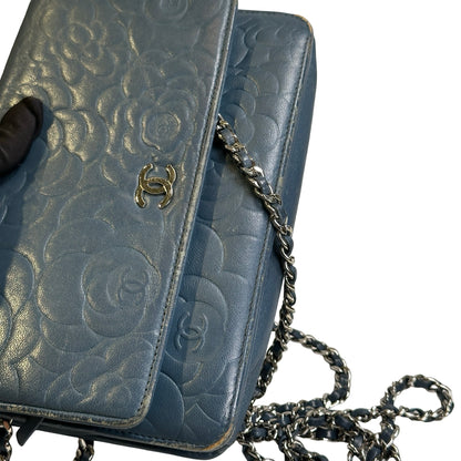 Used CHANEL Camellia Leather Wallet on chain Wallet on chain Navy