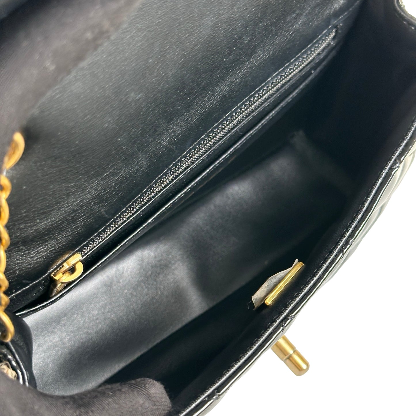 Used CHANEL Quilted Patent Leather Flap Bag Chain Shoulder Bag Black Gold