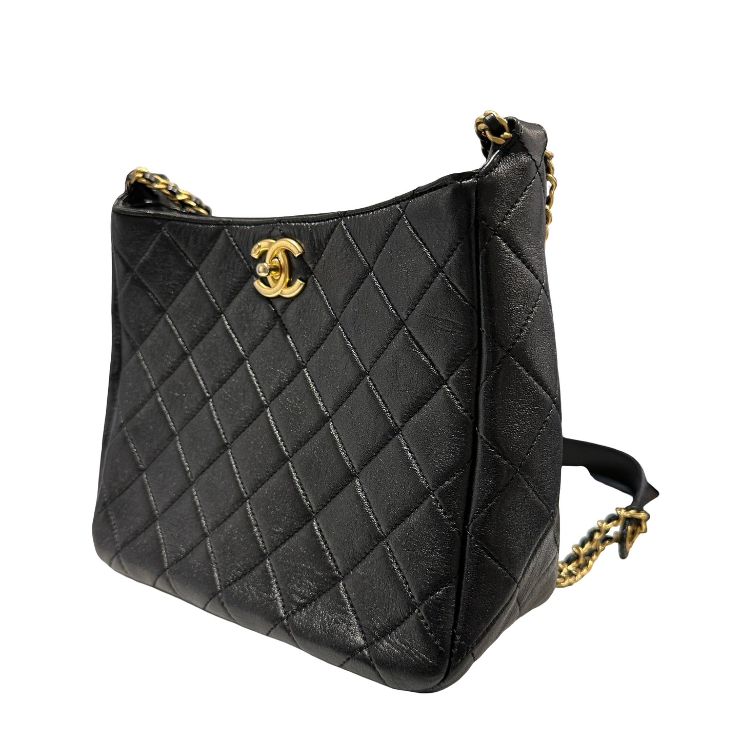 Used CHANEL Lambskin 22PHobo Bag Shoulder Bag Black Gold