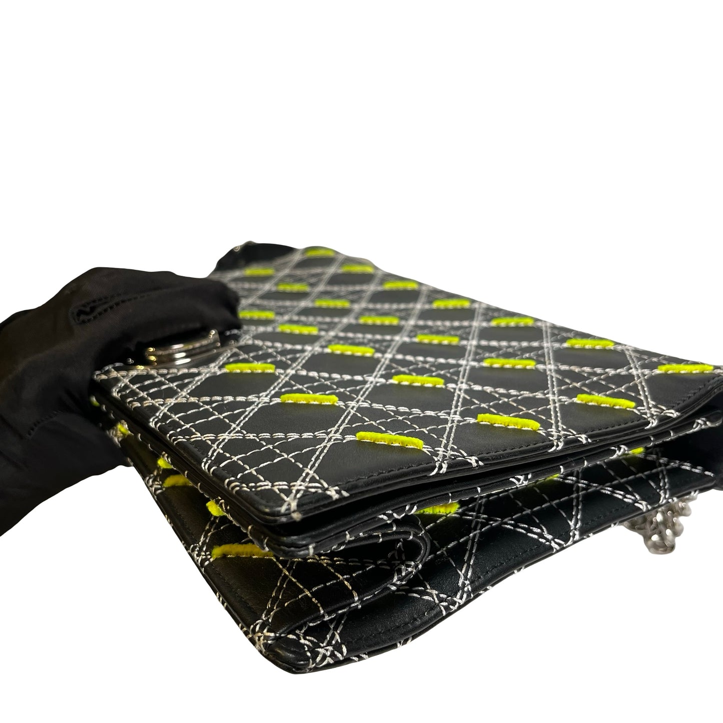 Used DIOR Cannage Leather Diorama Chain Shoulder Bag Black Yellow White PHW