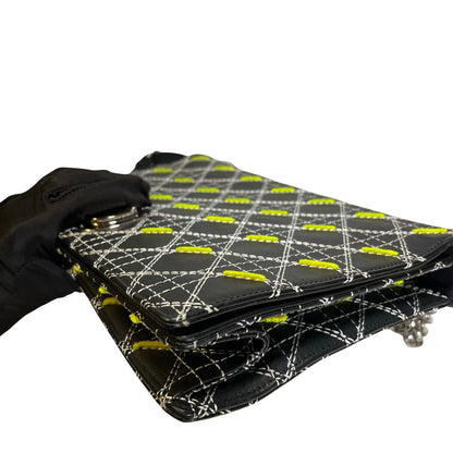 Used DIOR Cannage Leather Diorama Chain Shoulder Bag Black Yellow White PHW