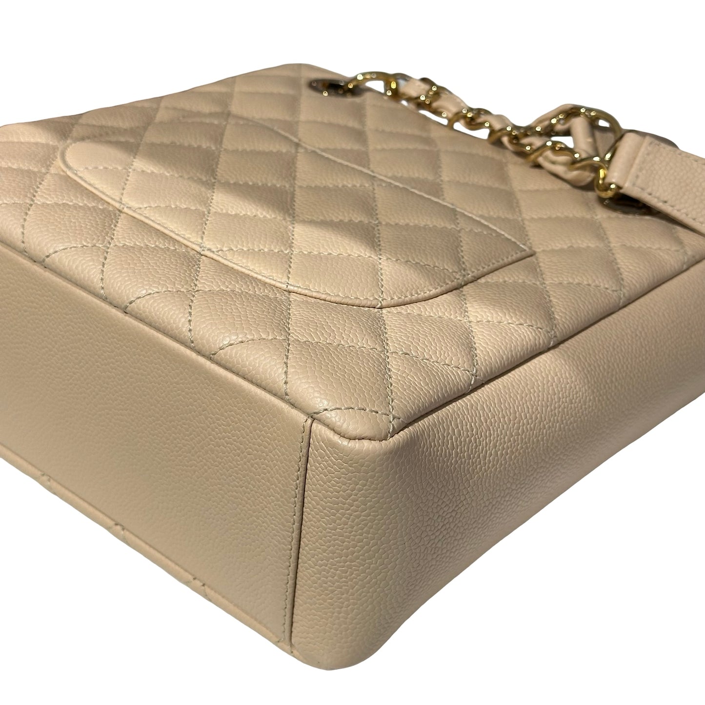 Used CHANEL Calfskin Leather PST Tote Bag Beige GHW