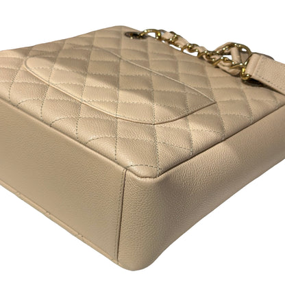 Used CHANEL Calfskin Leather PST Tote Bag Beige GHW
