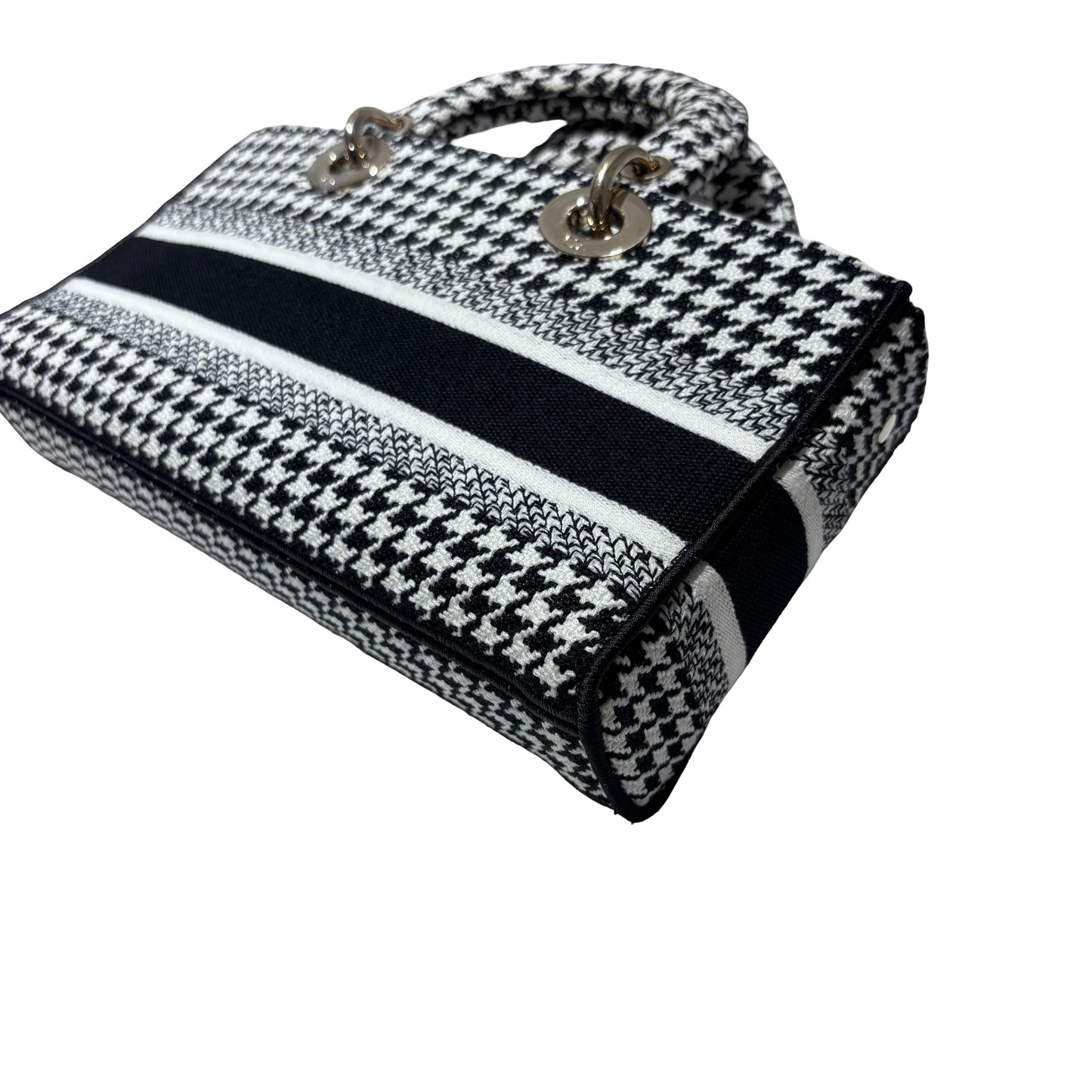 Used DIOR Canvas D-Joy Medium Handbag Black White GHW