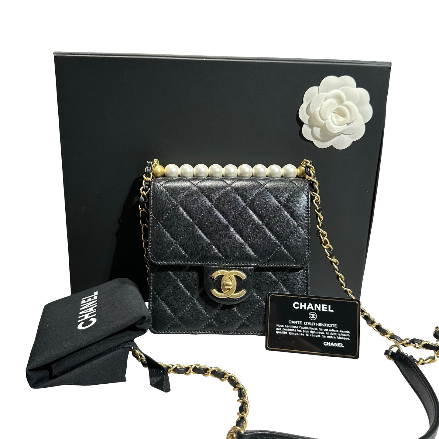 Used CHANEL Lambskin Leather Flap with Pearls Chain Shoulder Bag Black GHW