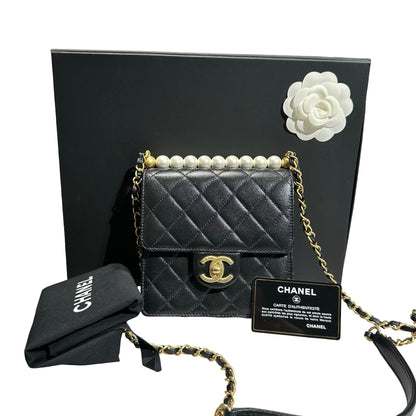 Used CHANEL Lambskin Leather Flap with Pearls Chain Shoulder Bag Black GHW