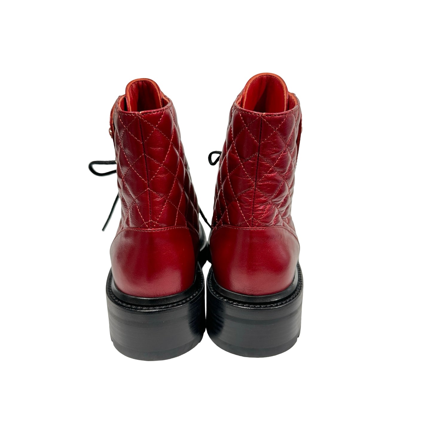Used CHANEL Calfskin Leather Lace Up Combat Boots Shoes Red Black GHW