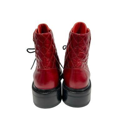 Used CHANEL Calfskin Leather Lace Up Combat Boots Shoes Red Black GHW