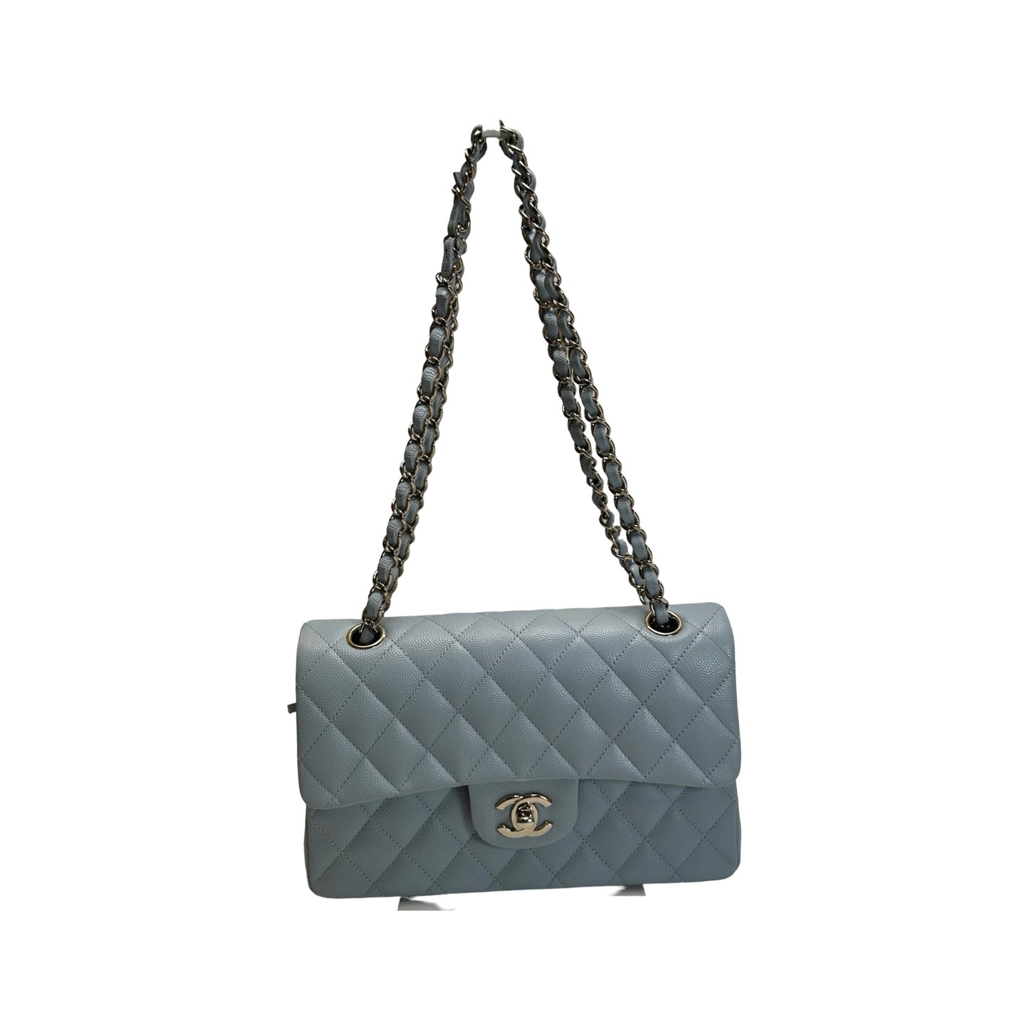 Used CHANEL Quilted Caviar CF23 Chain Shoulder Bag Light Blue GHW
