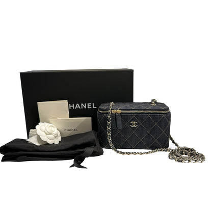 Used CHANEL Quilted Denim Vanity Case Vanity case Navy blue