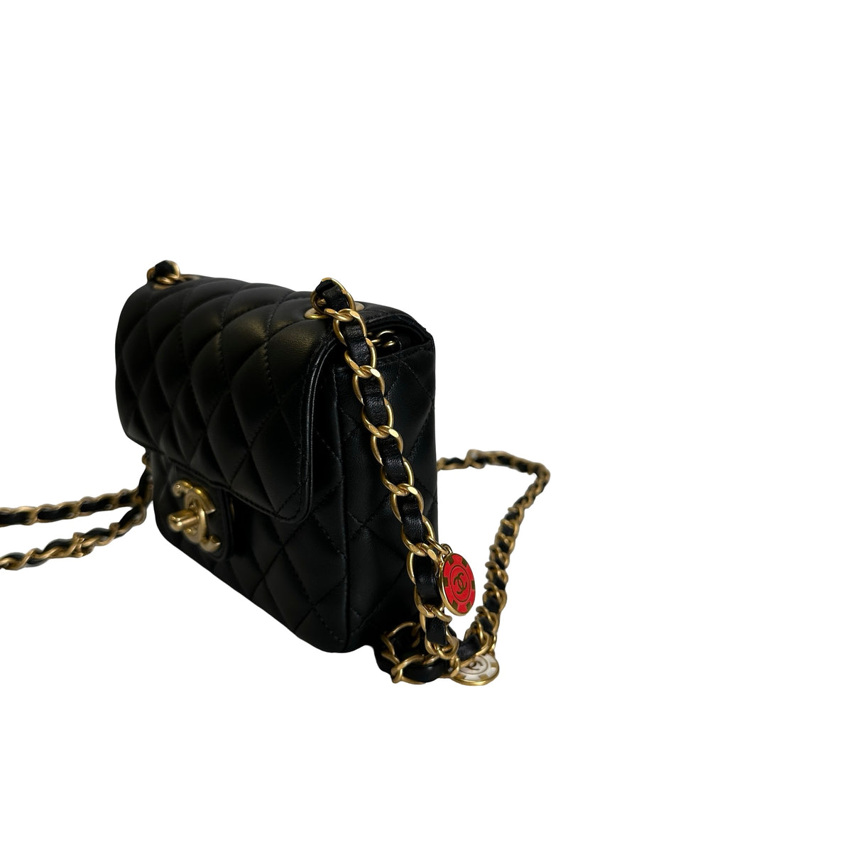 Used CHANEL Quilted Lambskin Mini Flap Bag Shoulder Bag Black Gold