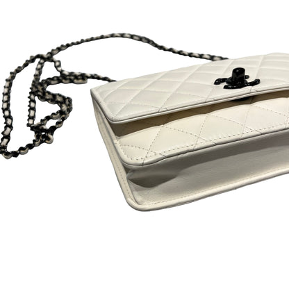 Used CHANEL Lambskin Leather WOC Shoulder Bag White Black Hardware