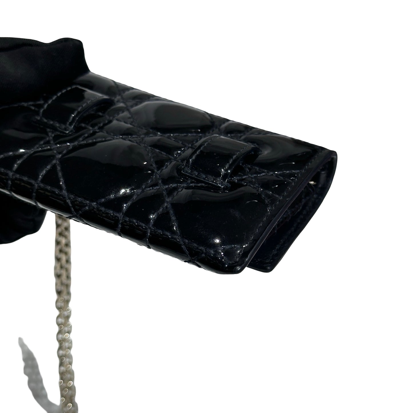 Used DIOR Cannage Patent Leather LADY DIOR NANO POUCH with CHAIN Chain Shoulder Bag Black GHW