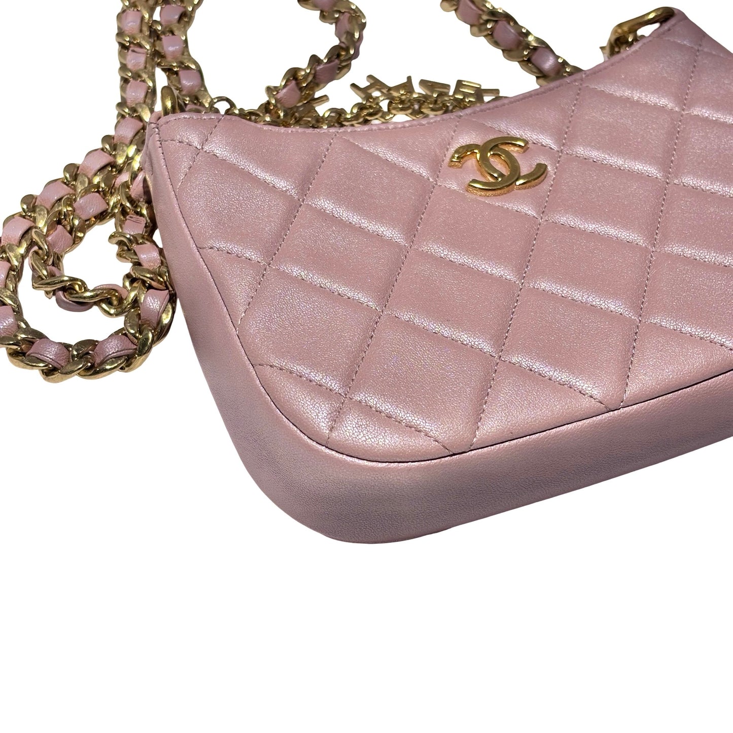 Used CHANEL Lambskin Leather 24P Charms Hobo Bag metallic pink GHW