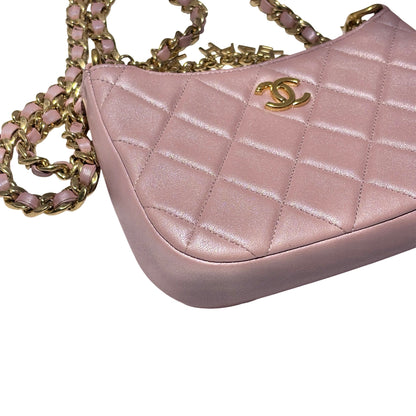 Used CHANEL Lambskin Leather 24P Charms Hobo Bag metallic pink GHW