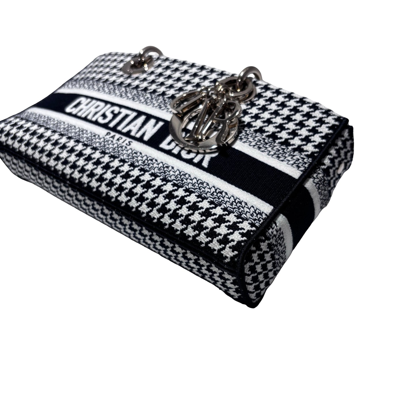 Used DIOR Canvas D-Joy Medium Handbag Black White GHW