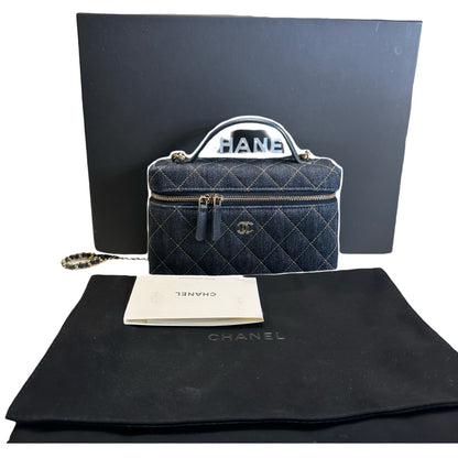 Used CHANEL Quilted Denim Denim Vanity Bag Vanity case Blue