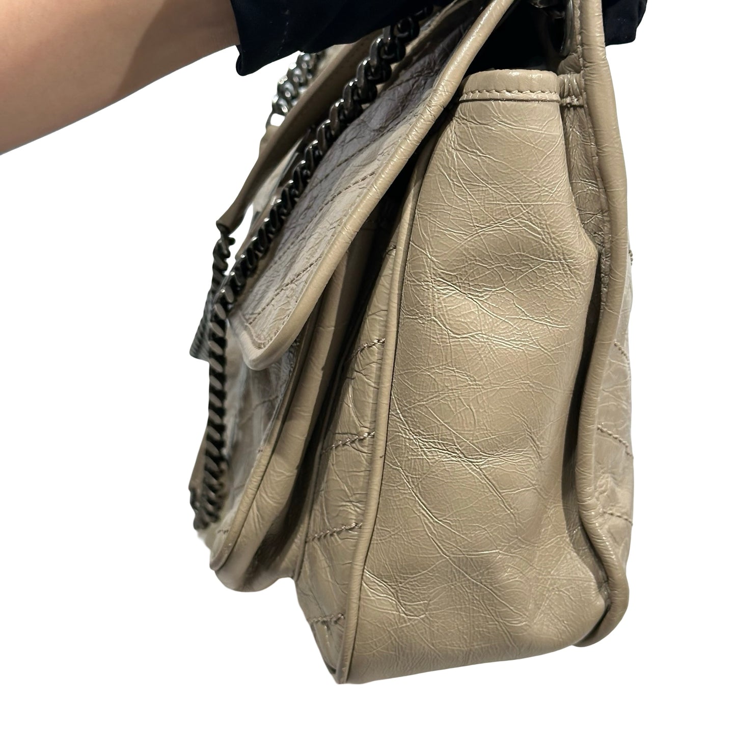 Used SAINT LAURENT Chevron Quilted Niki Chain Shoulder Bag Beige
