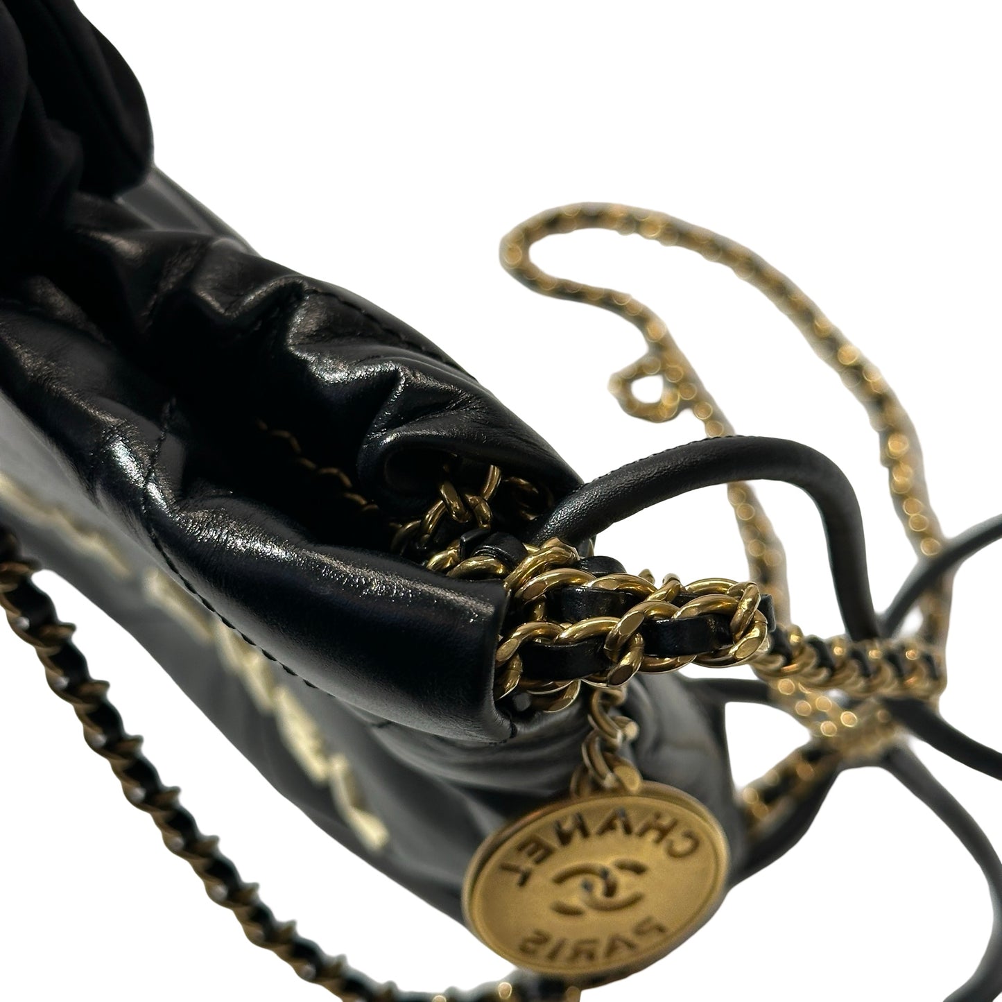 Used CHANEL Shiny Calfskin Mini 22 Shoulder Bag Black GHW