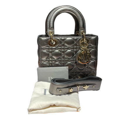 Used Dior Lady Dior Handbag Metallic Silver GHW