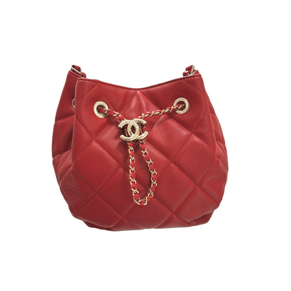 Used CHANEL Lambskin Leather MINI DRAWSTRING BUCKET Cross Body Bag Red