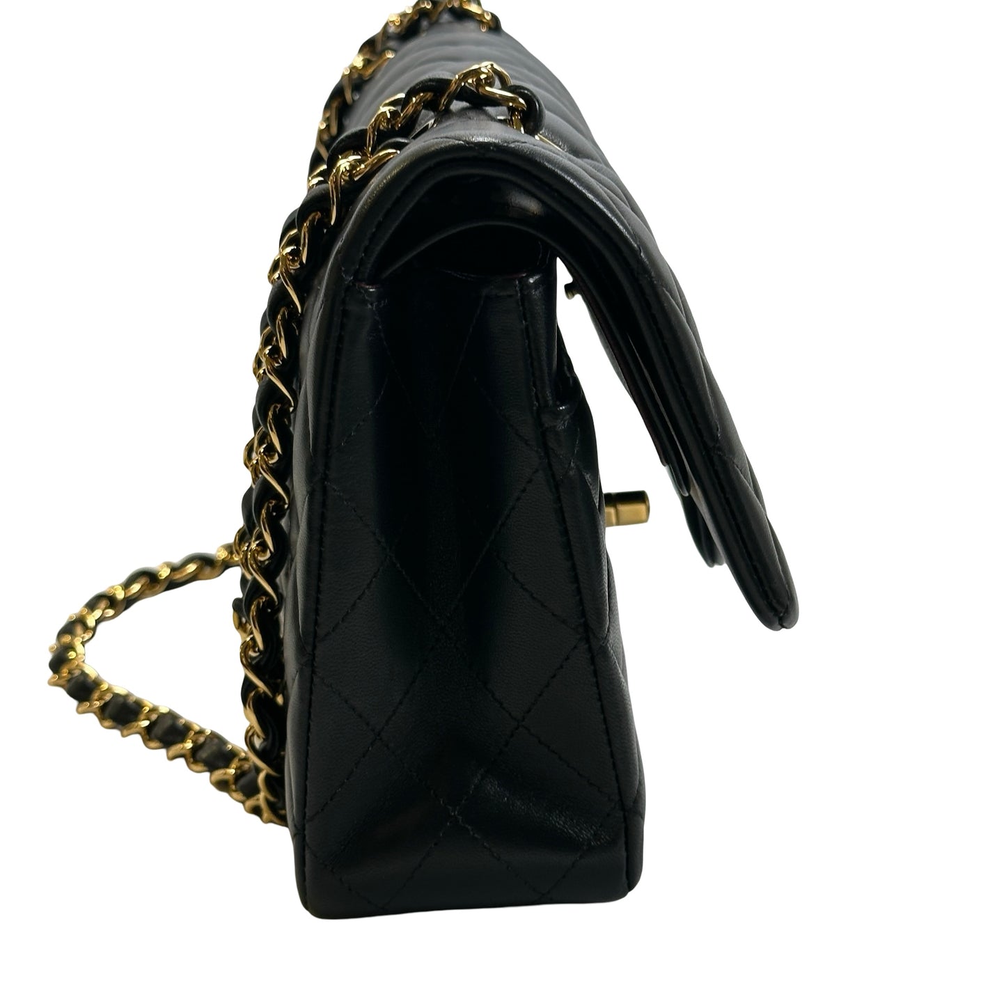 Used CHANEL Quilted Lambskin Classic Flap 25 Chain Shoulder Bag Black Gold