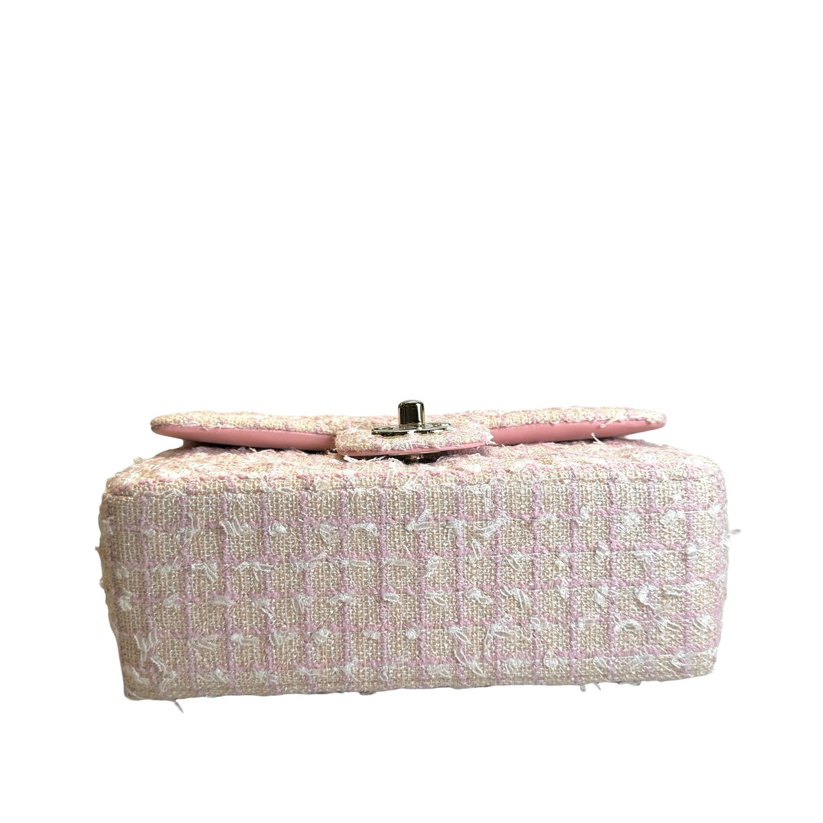 Used CHANEL Tweed Quilted Mini Flap Bag with Top Handle Handbag Pink White