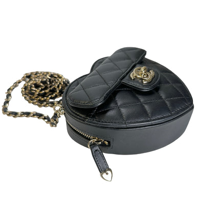Used CHANEL Quilted Lambskin Heart Bag Mini Bag Black Gold