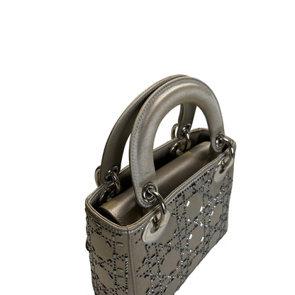 DIOR Cannage Studded Lady Dior Handbag Grey Silver
