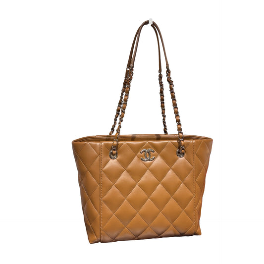 Used CHANEL Lambskin Leather Tote Bag Brown GHW
