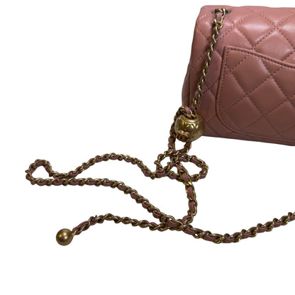 Used CHANEL Diamond Quilted Lambskin Mini Rectangular Flap Chain Shoulder Bag Pink