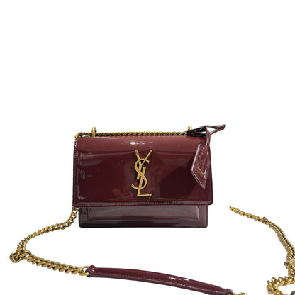 New SAINT LAURENT Patent Leather Small Sunset Chain Shoulder Bag Burgundy