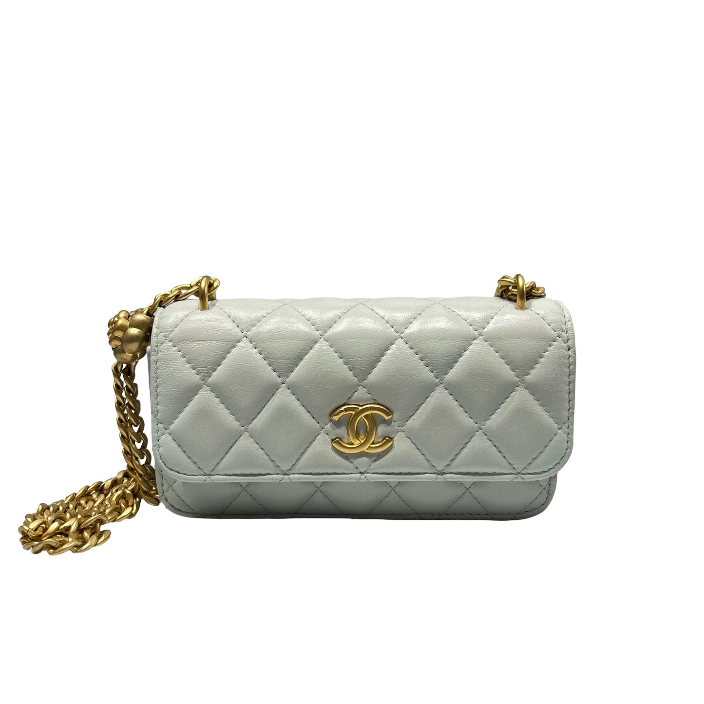 Used CHANEL Lambskin Leather 山茶花flap mini Cross Body Bag Blue GHW