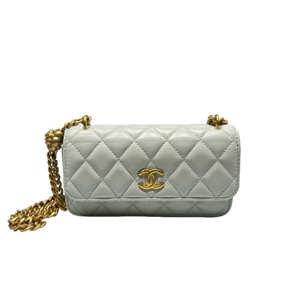 Used CHANEL Lambskin Leather 山茶花flap mini Cross Body Bag Blue GHW