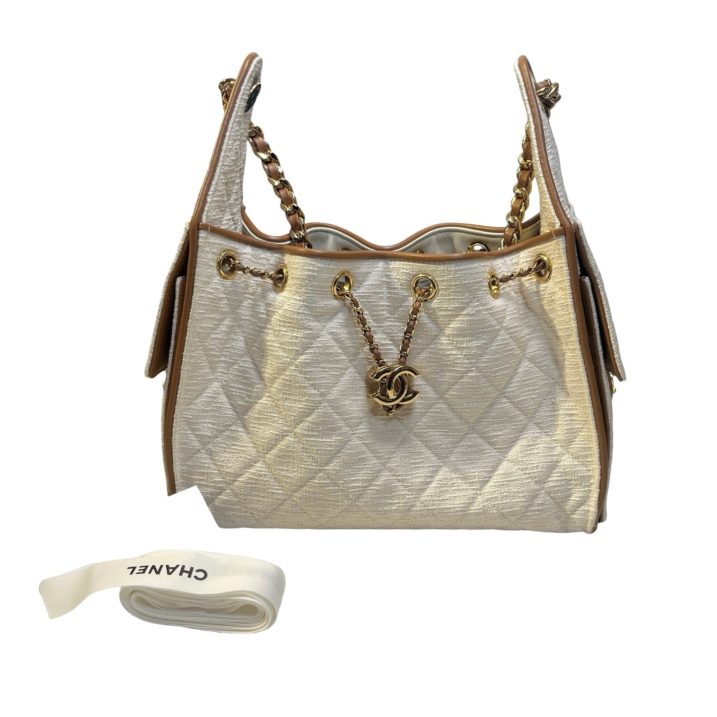 Used CHANEL Quilted Tweed Deauville Handbag White Brown