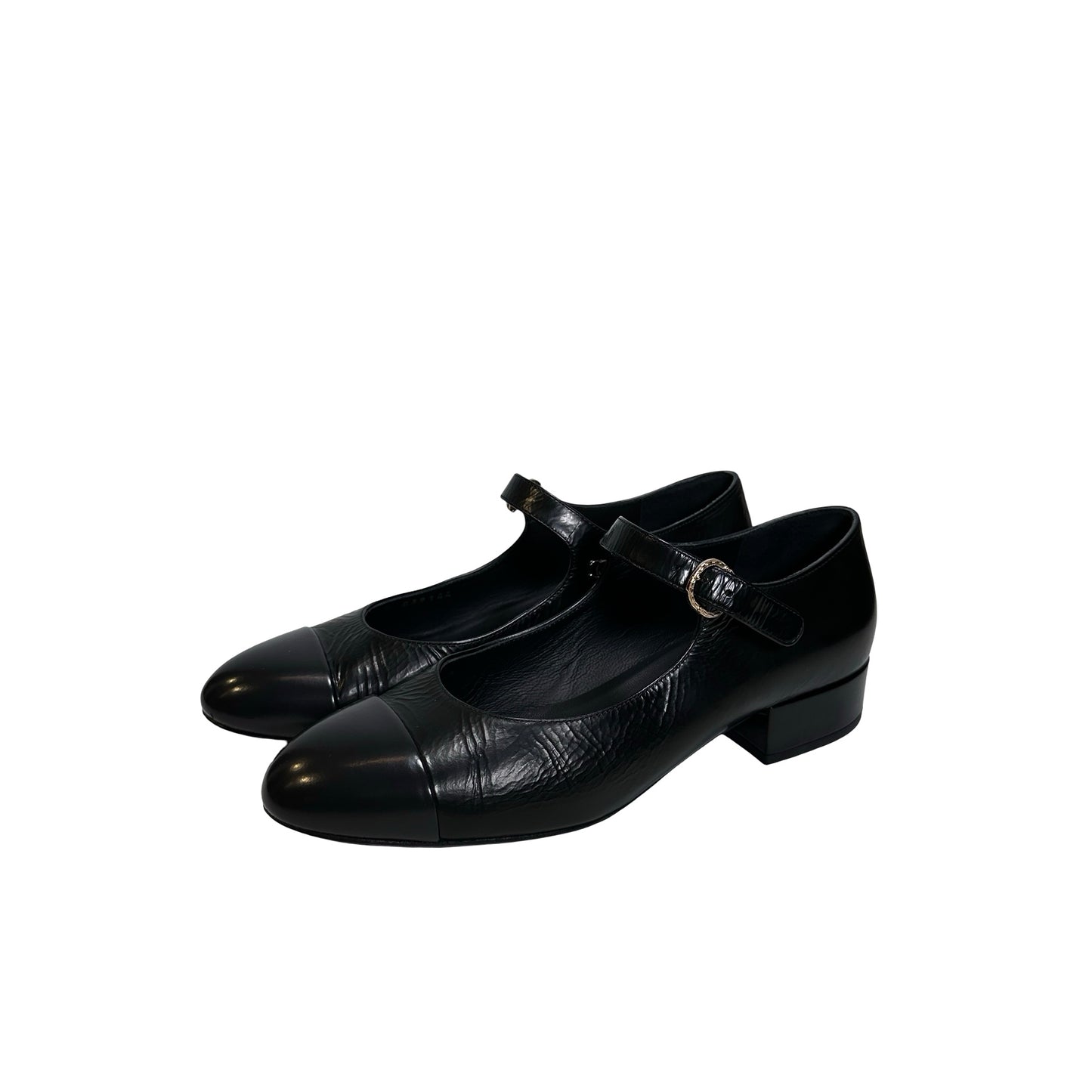 Used CHANEL Crinkled Calfskin Patent Calfskin Mary Jane Pumps Shoes Black GHW