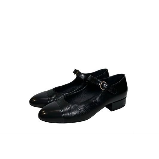 Used CHANEL Crinkled Calfskin Patent Calfskin Mary Jane Pumps Shoes Black GHW