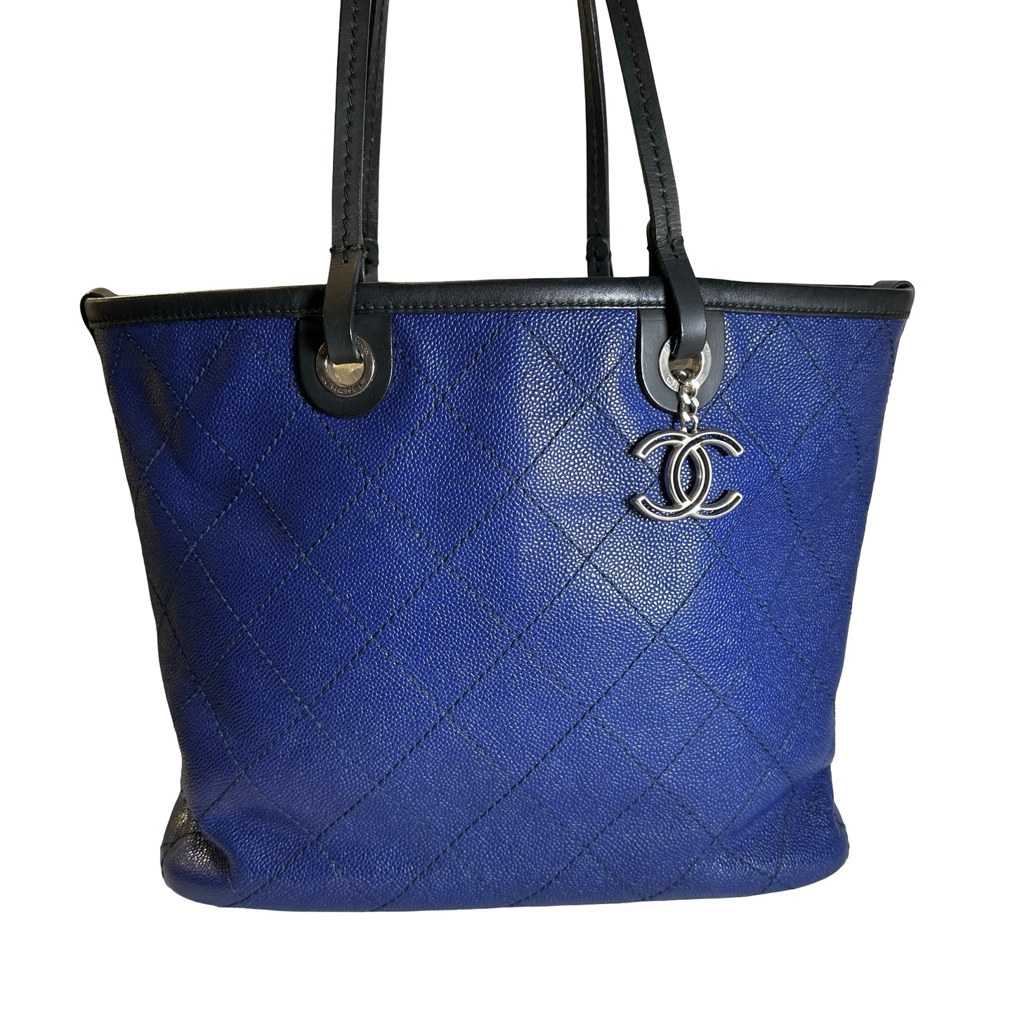 Used CHANEL Quilted Caviar Leather GST Tote Bag Blue Silver