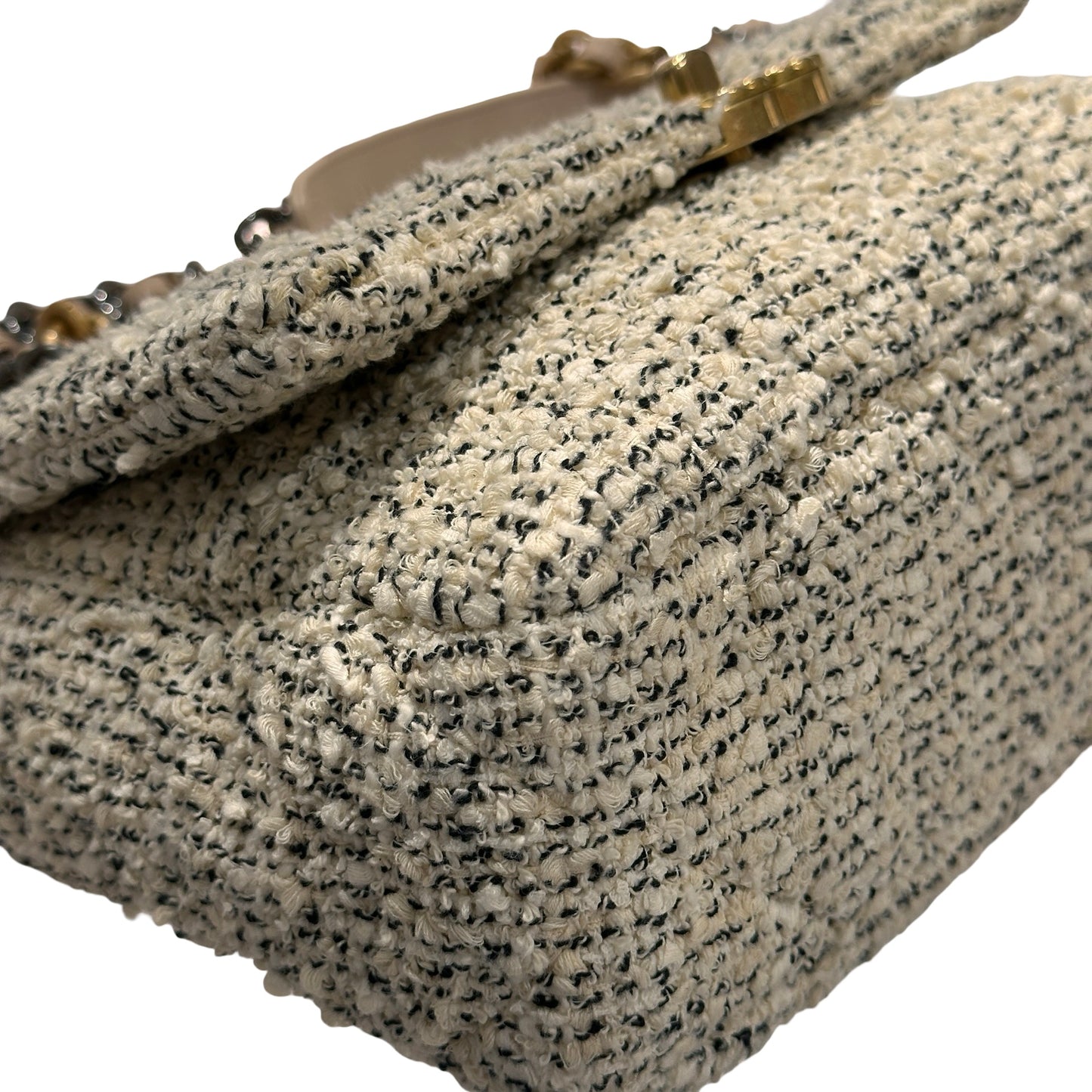 Used CHANEL Tweed 19 Small Cross Body Bag GHW Beige White