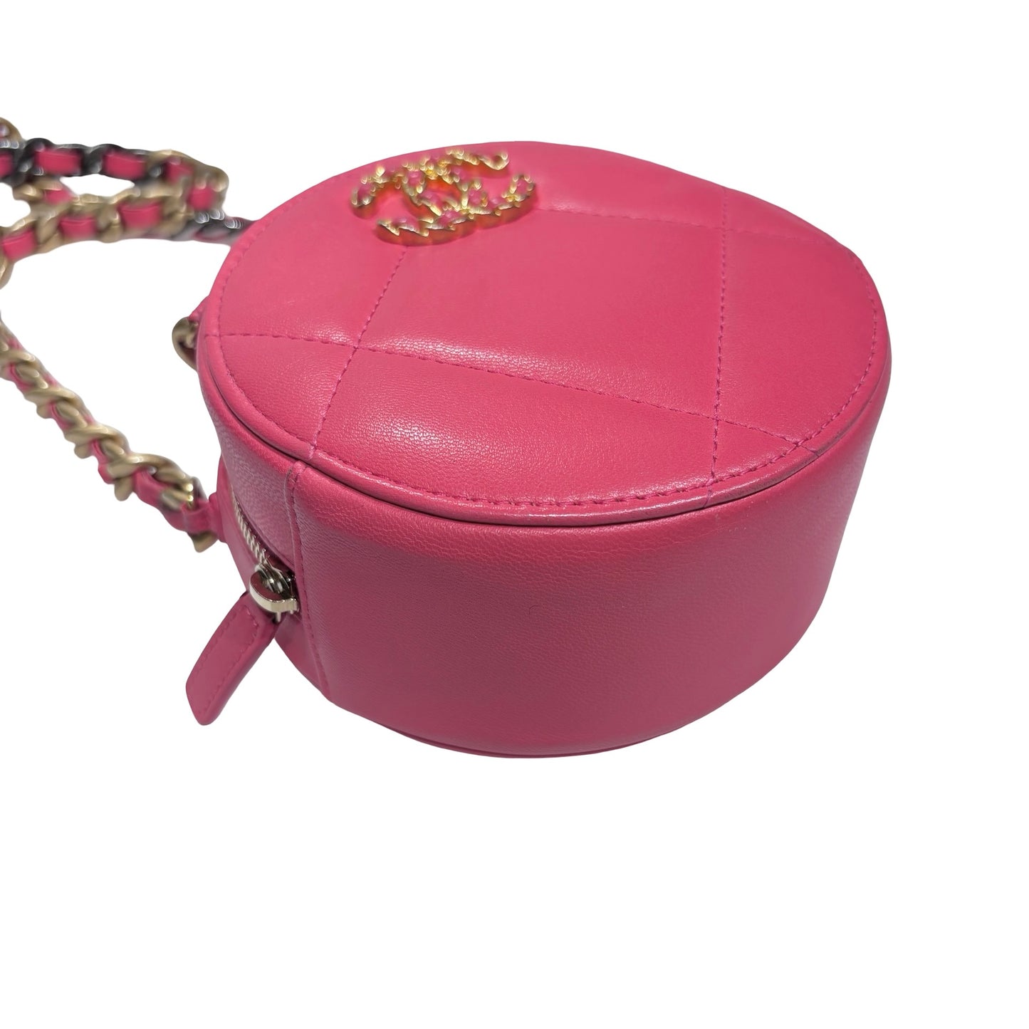 CHANEL 19 ROUND POUCH WITH CHAIN PINK LAMBSKIN