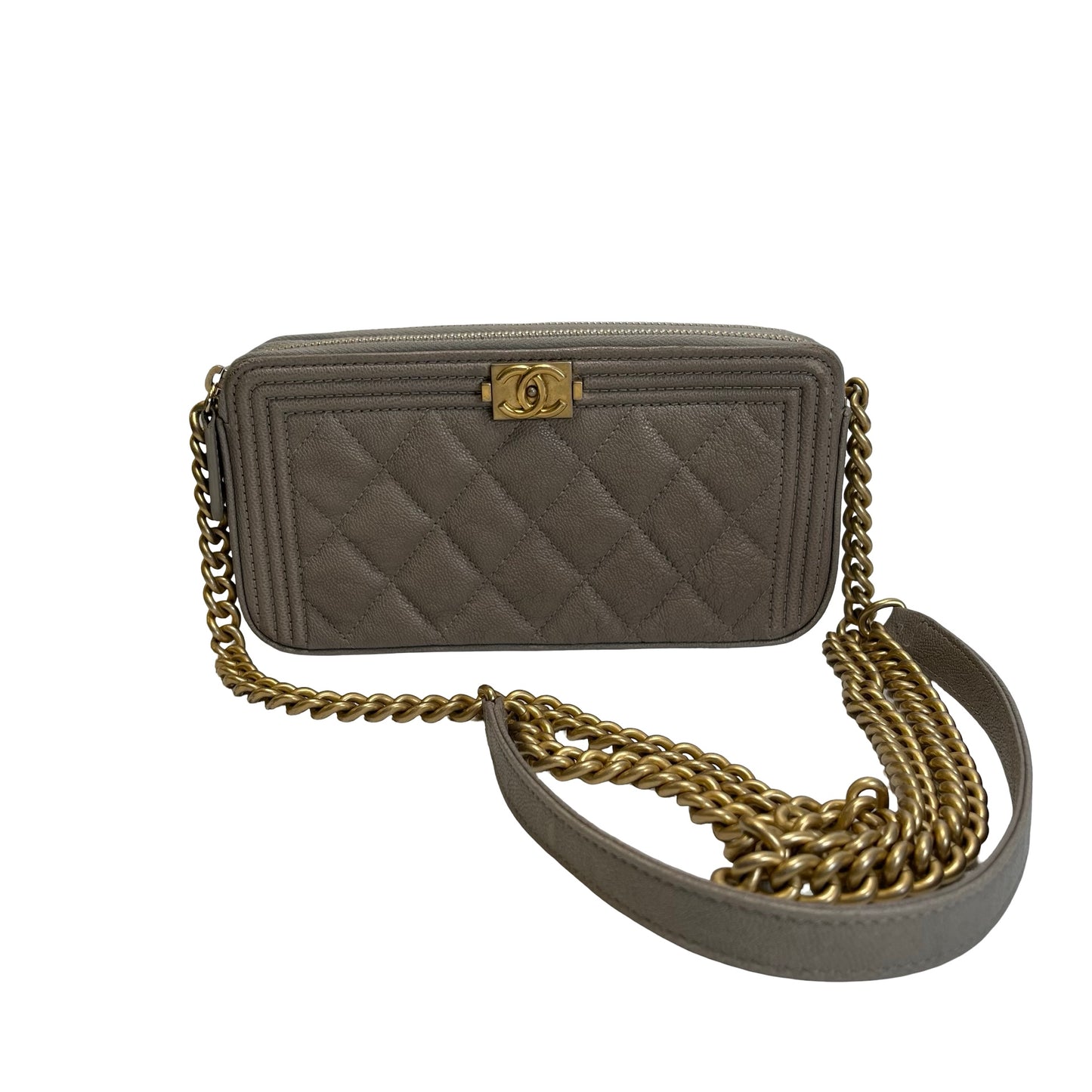 Used CHANEL Quilted Caviar Boy Chanel Zipped Wallet Long wallet Grey Gold