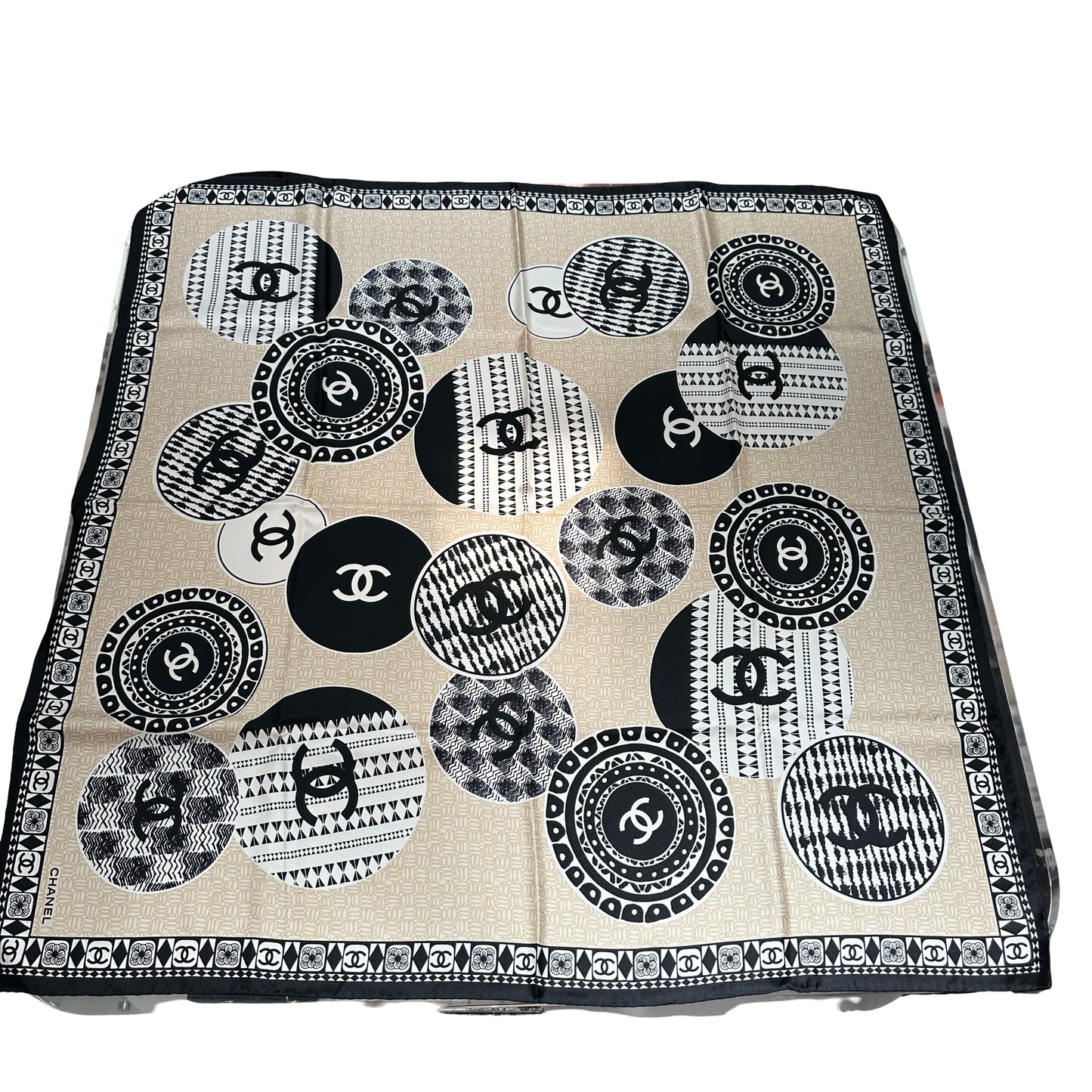 New Chanel Silk Scarf Black White Beige