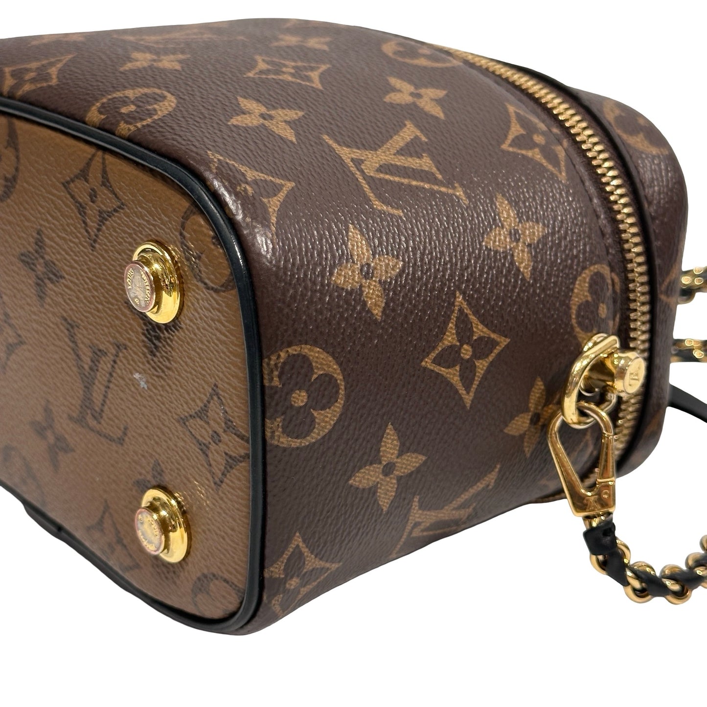 Used Louis Vuitton Monogram Eclipse Coated Canvas Vanity Chain Pouch Cross Body Bag Brown GHW