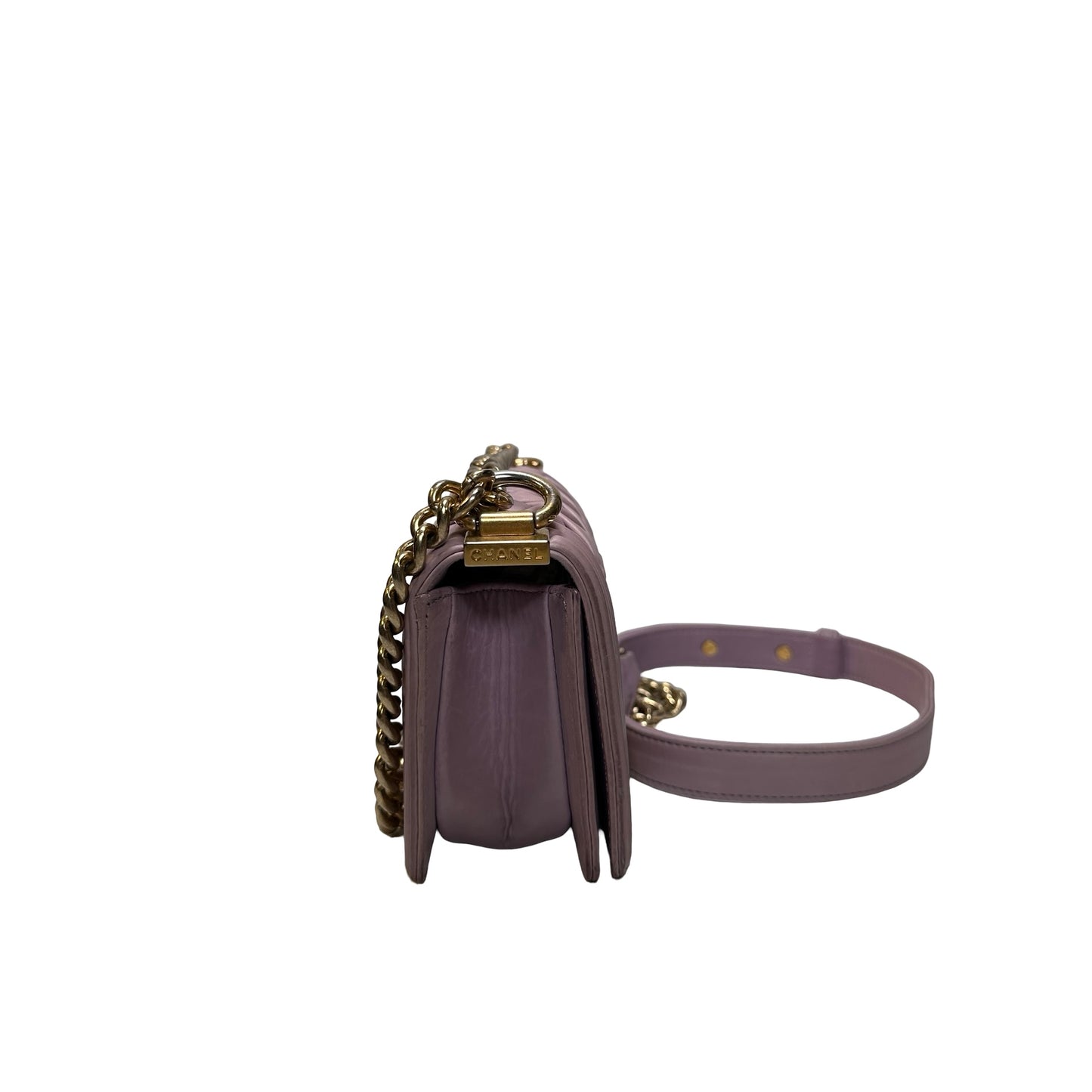 Used CHANEL Braided Lambskin Boy Chain Shoulder Bag Lilac Gold