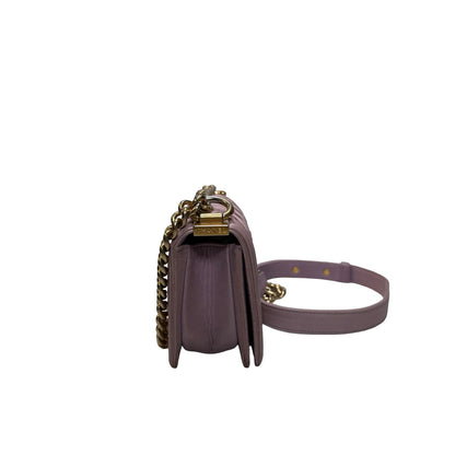 Used CHANEL Braided Lambskin Boy Chain Shoulder Bag Lilac Gold