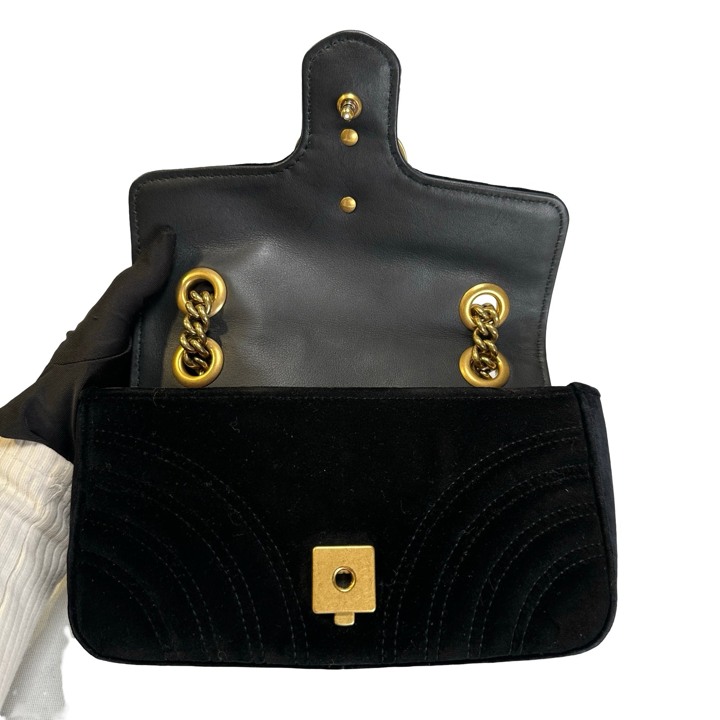 Used GUCCI Chevron Velvet GG Marmont Shoulder Bag Black