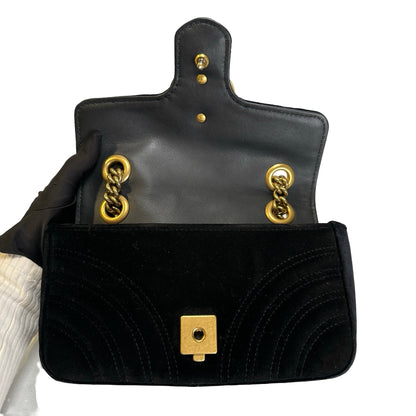 Used GUCCI Chevron Velvet GG Marmont Shoulder Bag Black